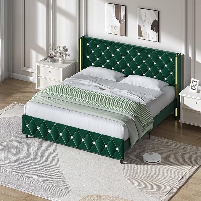 HOMBCK King Size Bed Frame with Headboard, Upholstered Platform Bed with Wingback Design, Modern Diamond Bed Frame with Tufted Deep Button, No Box Spring Needed, Easy Assembly, Green