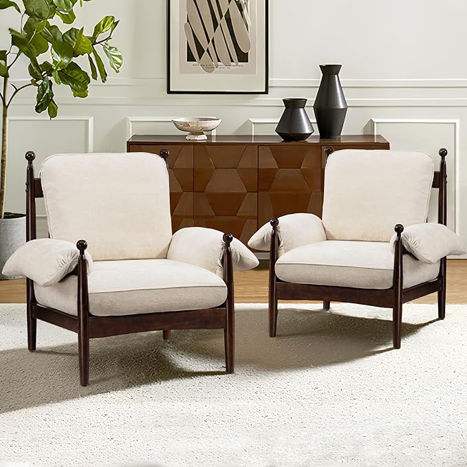 Mid Century Modern Accent Chair with Arms, Upholstered Spindle Chair with Wood Frame, High-Resilience Sponge Cushion for Living Room Bedroom Office