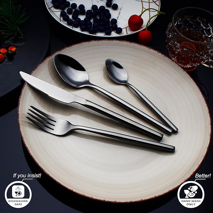 24 Piece Silverware Set For 6 Black Heavy duty 18/10 Stainless Steel Flatware Set Modern Design Knife/Fork/Spoon Mirror Polished Dishwasher Safe Cutlery Set with Gifts