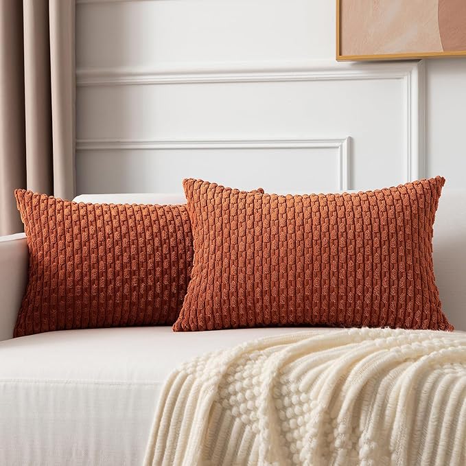 Kevin Textile Pack of 2 Fall Corduroy Decorative Throw Pillow Covers 12x20 Inch Soft Boho Striped Pillow Covers Modern Farmhouse Home Decor for Sofa Living Room Couch Bed Rust