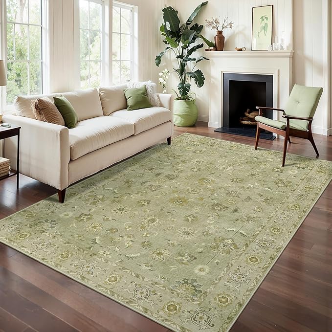 Tangsoo 4x6 Area Rug for Living Room, Washable Floral Vintage Rugs Indoor, Distressed Flaxen Green Carpet for Bedroom, Non Slip Dining Room, Soft Low Pile Rugs Foldable Floor Rug for Dorm Bedside