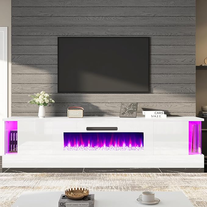 AMERLIFE High Gloss Fireplace TV Stand with 40" Fireplace, 80" LED Lights Entertainment Center with Flip Doors & Corner Glass Decor, Modern TV Console Table for TVs up to 90", Living Room, White&White