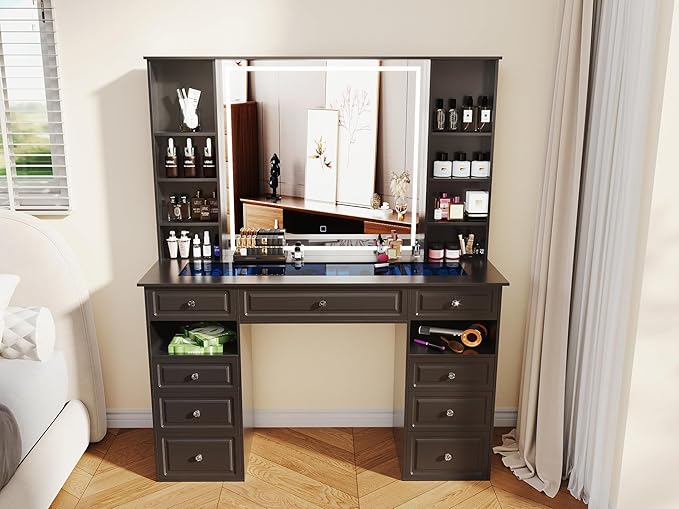 Extra Large Vanity Desk with Lighted Mirror, 47" Makeup Vanity with Glass Top, Black Vanity Table with 9 Drawers, Tall Vanity with Crystal Knobs for Bedroom (Minimalist Style)