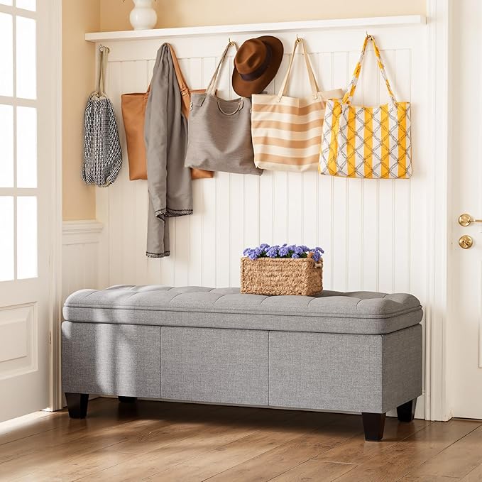 YESHOMY 47 Inches Ottoman with Storage, Storage Bench with Legs, Ottomans for Living Room, Entryway, Adjustable & Movable, Easy Assembly, Linen Fabric Light Gray