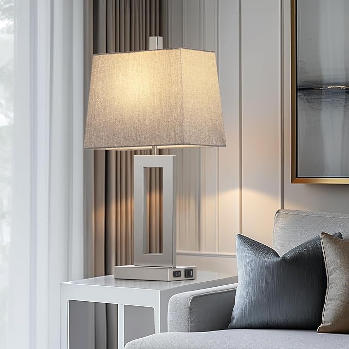 Touch Control Table Lamp Set of 2, Modern Silver Bedside Lamps with USB C+A Ports & AC Outlet, 3 Way Dimmable Bedroom Lamps for Night Stands Bedroom Living Room,Nightstand Lamp