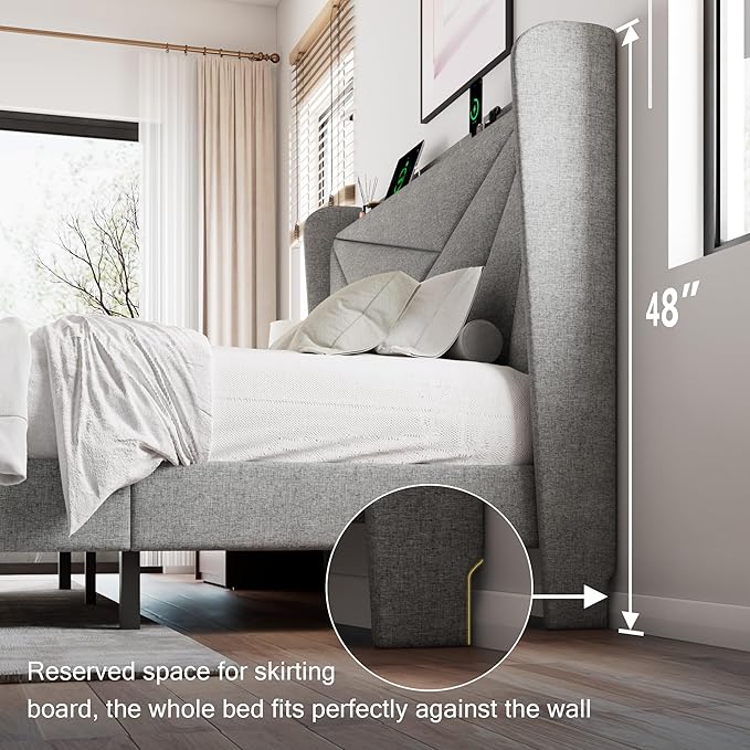 Full Size Upholstered Bed Frame with Charging Station, Platform Bed Frame with Storage Headboard, Solid Wood Slats Support, No Box Spring Needed, Light Gray