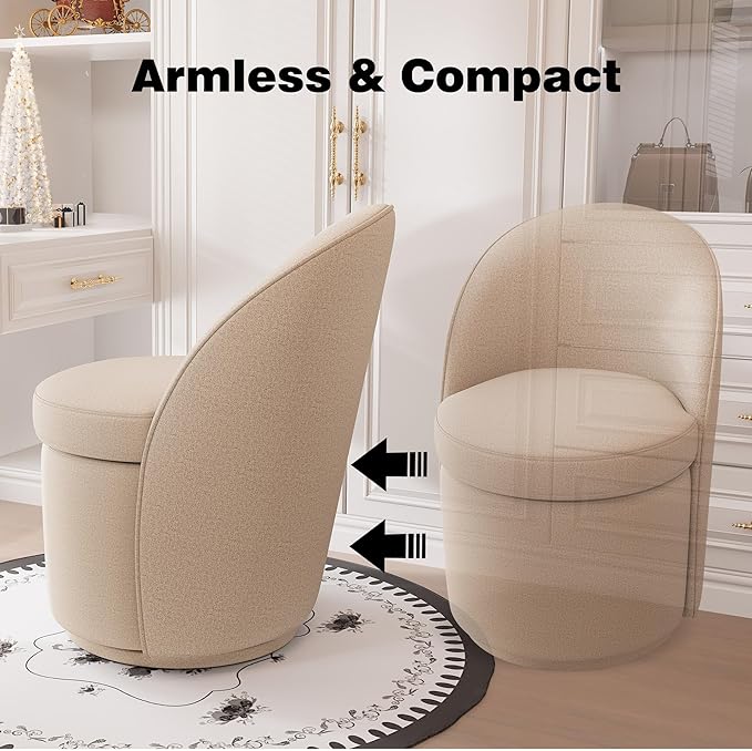 YOUNIKE Vanity Bench Boucle Fabric Coffee Solid Wood Swivel Accent Chair with Backrest Easy Assembly Dressing Stool for Bedroom & Makeup Room