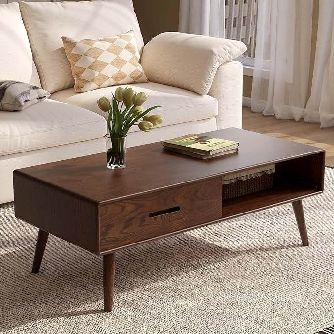 100% Solid Oak Wood Coffee Table for Living Room, Coffee Table with Storage Shelf and 2 Drawers, Mid Century Modern Coffee Tables for Home (Oak Walnut Color, 47.24'' W)
