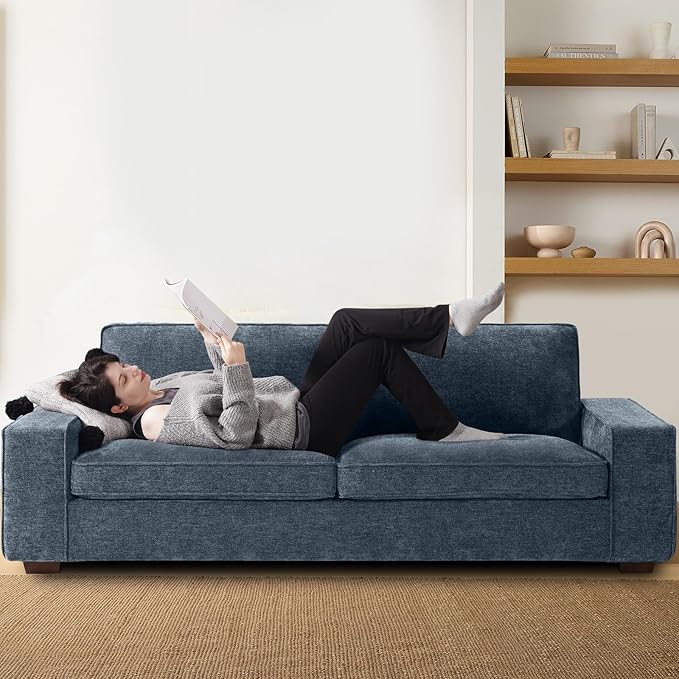 EASELAND 89" Modern Sofa Couch for Living Room, Chenille Sofa Couch with Wide Armrest,3 Seater Deep Seats Sofa Couch with Removable Cover Easy to Install(Blue