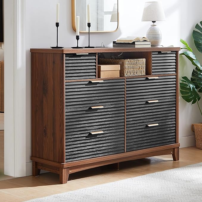 AOGLLATI Black Dresser for Bedroom with Slanted Louvre Design,Retro Chest of Drawers with Charging Station, Wooden Led Wide Tall 8 Drawer Dresser for Bedroom,Living Room, Hallway, Black & Brown