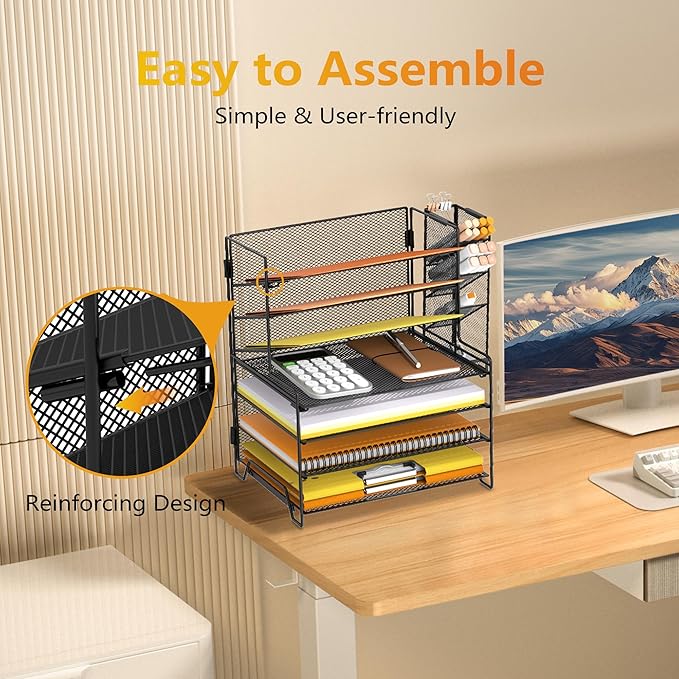 SUPEASY 4 Tier Paper Organizer + 3 Tier File Holder + 4 Pen Holders, 7 Tier Desktop File Organizers, Desk Organizers and Accessories for Office Home School, Black