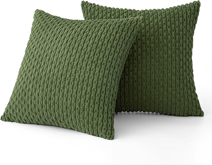 MIULEE Throw Pillow Covers Soft Corduroy Decorative Set of 2 Boho Striped Pillow Covers Pillowcases Farmhouse Home Decor for Couch Bed Sofa Living Room Spring 18x18 Inch Moss Green