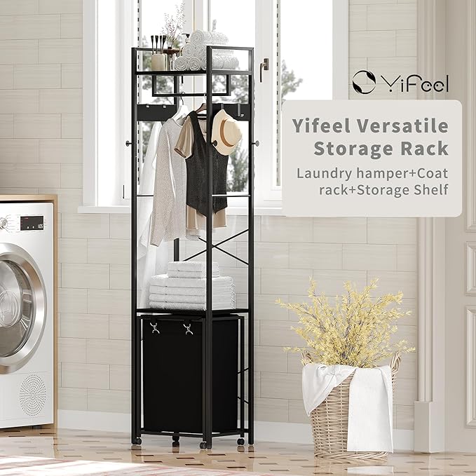 Coat Rack with Laundry Basket, Laundry Hamper Freestanding Hall Tree, Clothes Rack with Storage Shelves, 14.5 Gal Removable Bags on Wheels, Black JLH005B