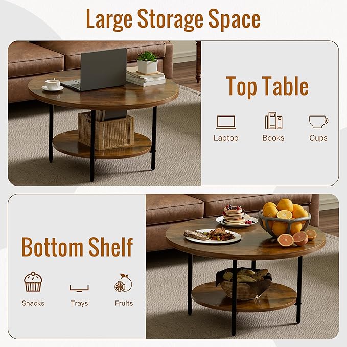 Round Coffee Table, 27.6" Circle Coffee Table for Living Room, 2-Tier Wood Accent Center Table with Open Storage Industrial Design Home Furniture, Rustic Brown