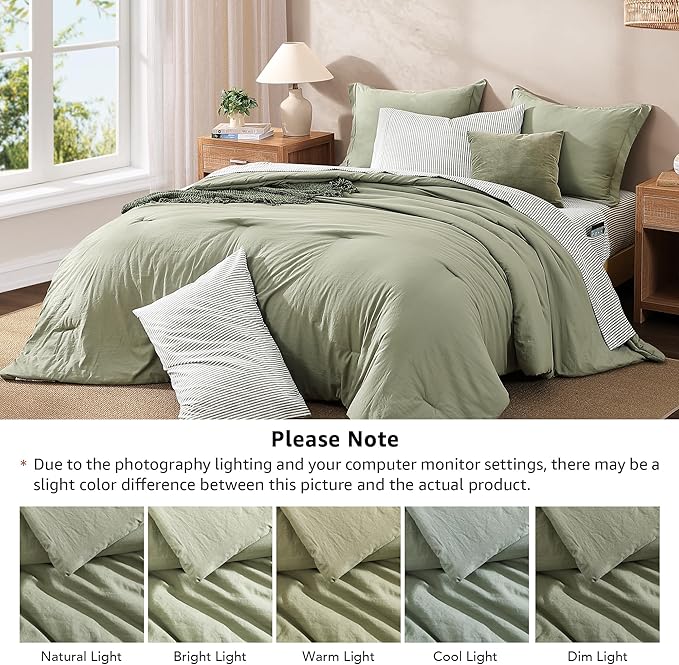 Monbix Queen Comforter Set - 7 Pieces Olive Green Prewashed Bed in a Bag Queen Bedding Sets with Comforters, All Seasons Down Alternative Comforter Bed Set with Sheets,Pillowcases & Shams