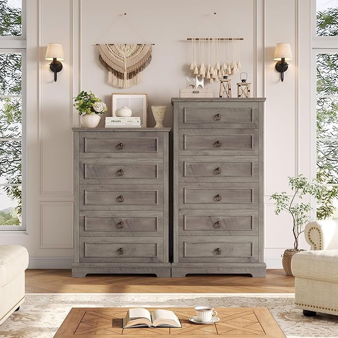 HOSTACK 6 Drawer Dresser for Bedroom, 52" Tall Dresser, Modern Farmhouse Vertical Chest of Drawers for Bedroom, Wooden Closet Chest, Wood Storage Cabinet for Living Room, Hallway, Entryway, Ash Grey