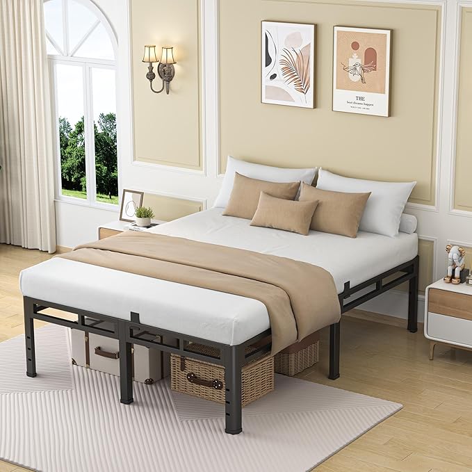 NKZ 18 Inch Full Size Bed Frame, Metal Bed Frame & Box Spring 2 in 1 Platform with Round Corner Legs, 4000Lbs Heavy Duty Metal Frame, Mattress Slide Stopper, Headboard Hole, Noise-Free, Easy Assembly