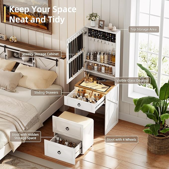 Makeup Vanity Desk with Mirror and Lights,Small Vanity Desk Set with Charging Station & Glass Top,Compact Dressing Table with Jewelry Cabinet & Storage Wheel Stool for Bedroom, White