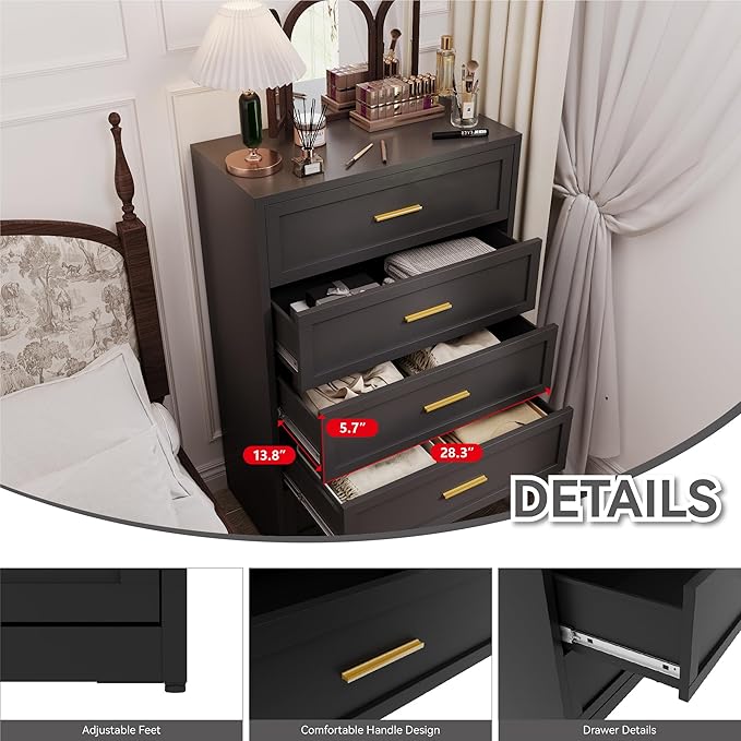 Black Metal Dresser with 5 Drawer,48" Tall Chest of Drawers with Wide Metal Handle,Drawer Organizer for Bedroom,Living Room,Hallway and Entryway