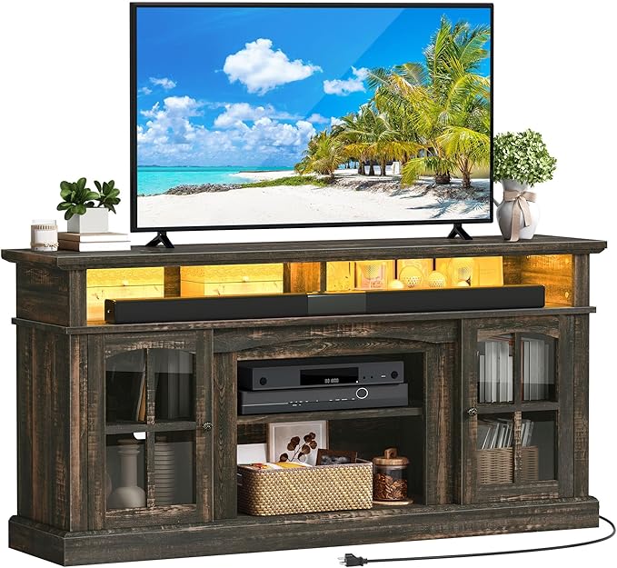 YITAHOME LED Farmhouse TV Stand for 75 Inch w/Outlets, Modern Entertainment Center with Glass Doors and Adjustable Storage Shelves, Media Console TV Cabinet for for Living Room, Dark Rustic Oak