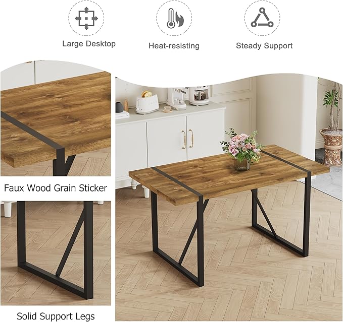 Rustic 5 Piece Dining Room Table Set for 4 People, Mid Century Modern 55 Inch Rectangle Wood Kitchen Dining Table with 4 Fabric Chairs Set, Suitable for Kitchen Dining Room