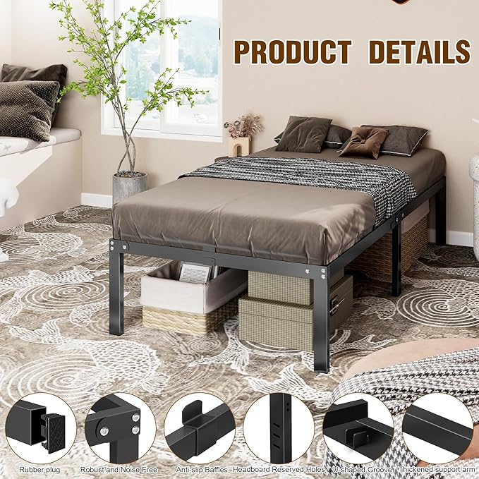 16 inch Twin Bed Frame with Headboard Hole,Metal Twin Size Bed Frame no Box Spring Needed with Storage Space Under Bed,Max 3900lbs Heavy Duty Steel Slats Noise-Free