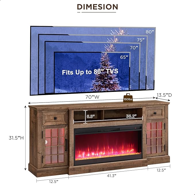Farmhouse Fireplace TV Stand for 80 Inch TV, Entertainment Center w/ 36'' Electric Fireplace & LED Lights, Mordern Media Console with Storage Drawers & Cabinets for Living Room, Light Brown