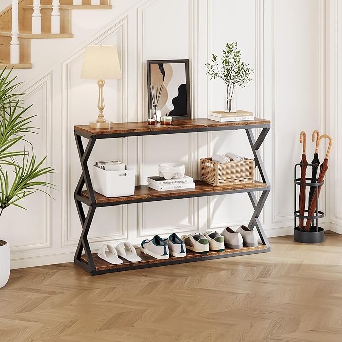 47.2 Inch Rustic Console Table, Industrial Entryway Table with 3-Tier Shelves - Long Hallway Sofa Table, TV Stand & Media Center for Living Room, Vintage Brown