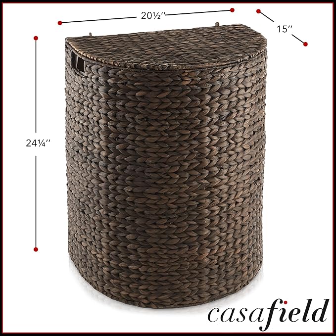 Casafield Half Moon Laundry Hamper with Lid and Removable Liner Bag - Espresso, Woven Water Hyacinth Laundry Basket for Clothes and Towels
