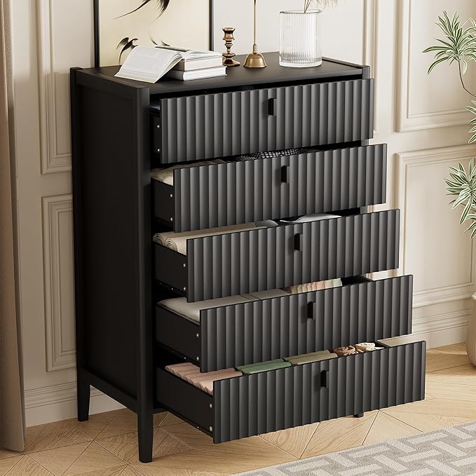 Black 5 Drawer Dresser, 31.5" Wide White Modern Dresser with Fluted Front & Metal Handles for Bedroom, Living Room