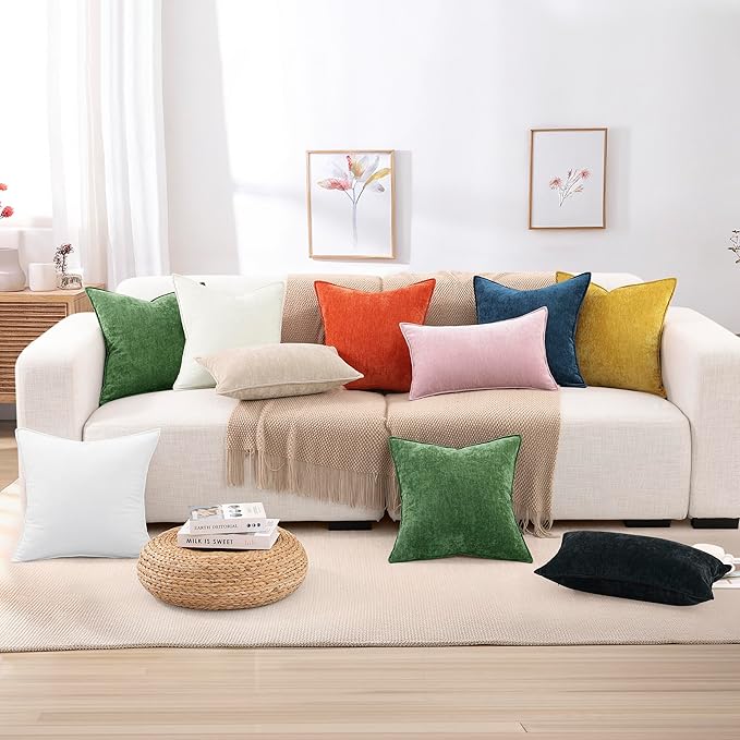 decorUhome Couch Throw Pillow Covers 12x20 Set of 2, Decorative Soft Euro Neutral Chenille Lumbar Pillow Covers with Elegant Design for Sofa Bed Living Room Home Decor, Cream White