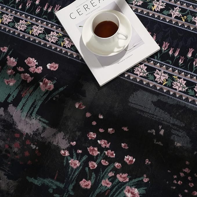 Area Rugs 8x10 Clearance Impressionist-Style Vintage Washable Area Rug Non Slip Low Pile Large Rug for Bedroom Farmhouse Dining Room Kids Playroom, Black