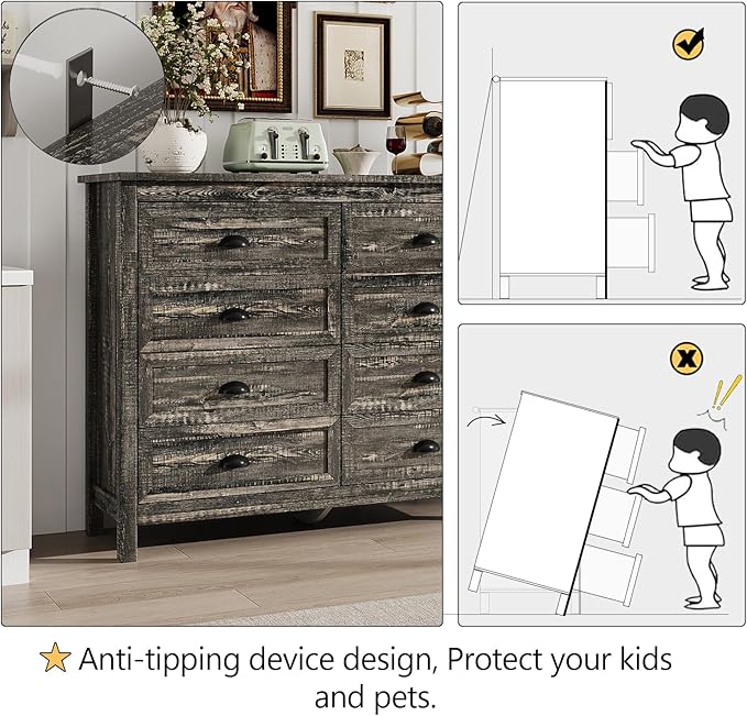 Dresser for Bedroom, Modern Black Dresser with 8 Drawers, Wide Chest of Drawers with Metal Handles,Wood Double Storage Cabinet for Living Room, Bedroom, Hallway