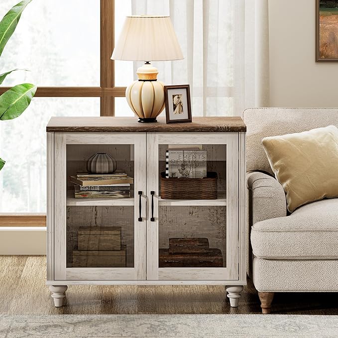 WAMPAT Farmhouse TV Stand for TVs Up to 75 inch, Glass Wooden Universal TV Stand with 2 Storage Cabinets, Entertainment Center, Console Table for Living Room, Bedroom, Rustic White