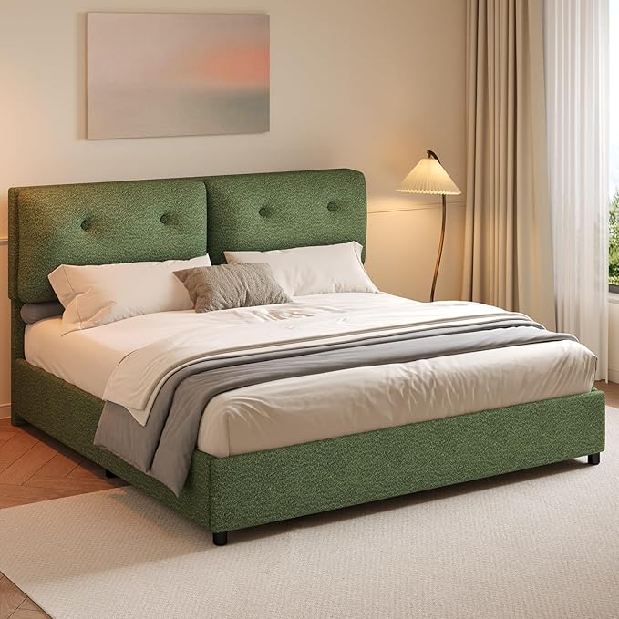 King Bed Frames,Breathable Boucle Fabric Upholstered Bed Frame with Headboard,Removable and Washable,Wood Slat Support,No Box Spring Needed,Easy Assembly,Green