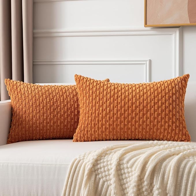 Kevin Textile Fall Throw Pillow Covers Soft Corduroy Decorative Set of 2 Boho Striped Pillow Covers Pillowcases Farmhouse Home Decor for Couch Bed Sofa Living Room 12x20 Inch Orange Yellow