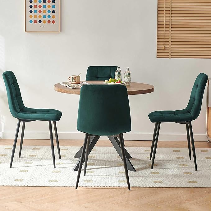 37" Round Table Set for 4 Person, Modern Kitchen Table Set, Imitation Wood Dining Table with Space Saving Dining Chairs, Dark Green Velvet Side Chairs