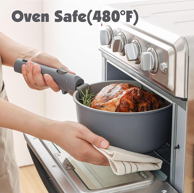 SENSARTE 17 Piece Ceramic Pots and Pans Set, Nonstick Detachable Handle Cookware, Induction Kitchen Cookware Set with Removable Handle, Dishwasher & Oven Safe (Gray)