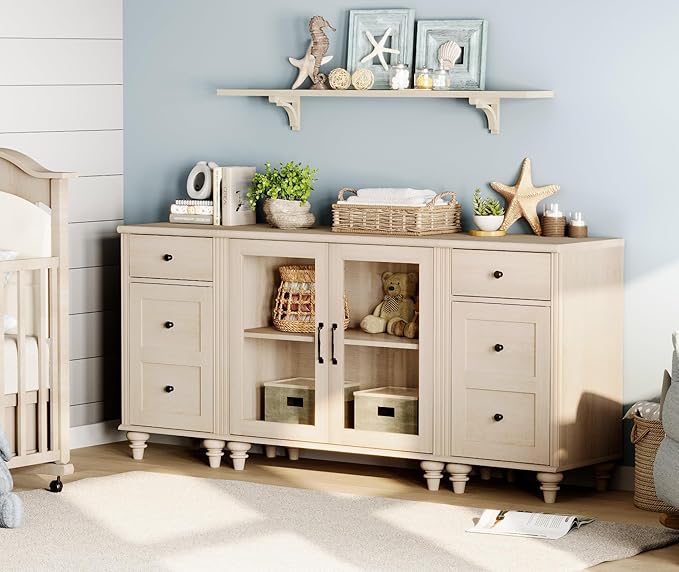 WAMPAT TV Stand for 75 Inch TV, Wood TV Cabinet Entertainment Center with Charging Station, Glass Door Buffet Cabinet for Dining Room, Light Oak