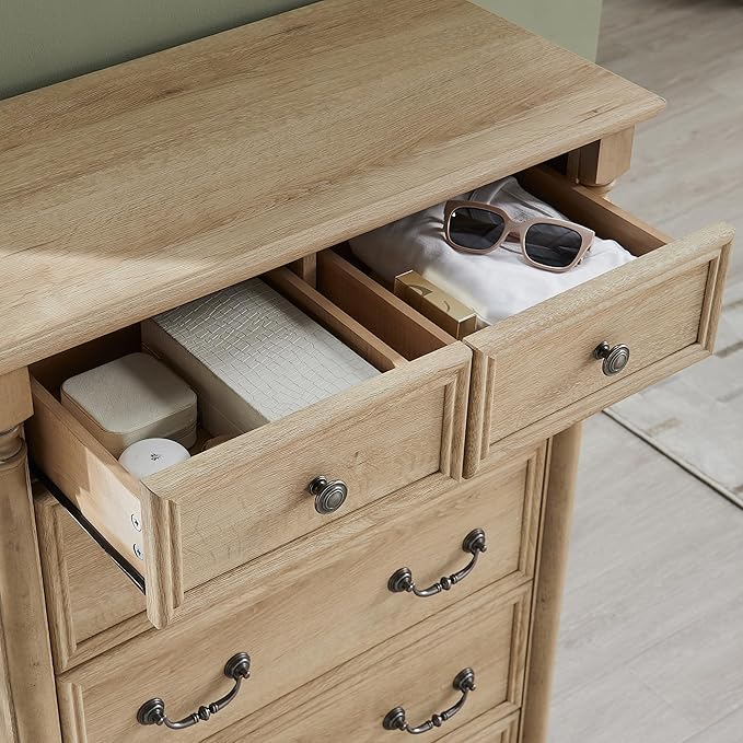 T4TREAM Farmhouse 6 Drawers Dresser Chests for Bedroom w/4 Solid Wood Feet &Column Decor, Tall Wood Rustic Chest of Drawers, Storage Dressers Organizer for Bedroom, Living Room, Nursery, Natural Oak