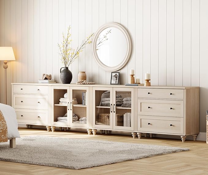 WAMPAT Modern TV Stand, 4 in 1 Entertainment Center with Storage Cabinets and 4 Glass Door, Media Console with 6 Drawer Dresser for Living Room, Light Oak