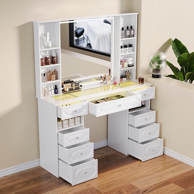 Extra Large Vanity Desk with Lighted Mirror, Makeup Vanity with Glass Top, White Vanity Table with 9 Drawers, Tall Vanity Dresser with Crystal Ball Knobs (European Style)