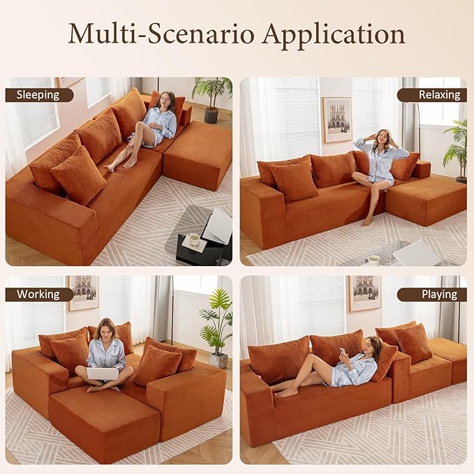 INGEROOM 108" Cloud Sectional Couch with L-Shape Chaise, Modular Sofa Memory Foam, Boneless Sofa with Movable Ottoman, Upholstered Couches for Living Room Bedroom, No Assembly Required, Orange
