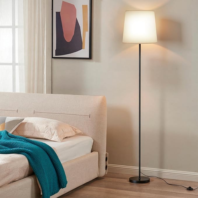 Floor Lamp with White Fabric Shade - Dimmable Standing Lamp with Foot Switch, 3 Light Modes, 9W E26 LED Bulb Included, 62" Floor Reading Light for Living Room Bedroom Office Corner, Black