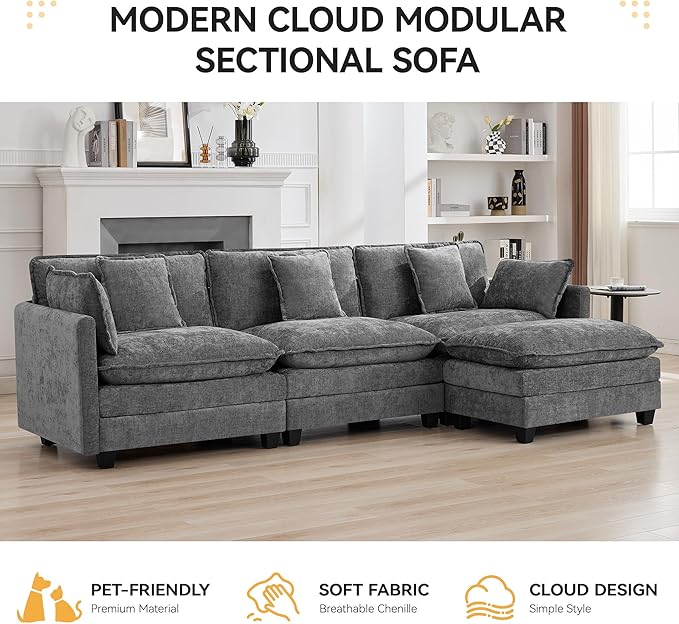 111'' Sectional Cloud Deep Seat Couch, Modern Comfy Chenille L Shaped Sectional Sofa for Living Room Set, Upholstered Modular 4-Seats Sofa Couch with 1 Movable Ottoman, Grey