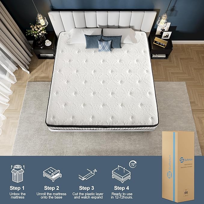 Suiforlun California King Mattress, 12 Inch Gel Memory Foam Hybrid Cal King Mattress in a Box, Pocket Spring, Medium Firm, Back Pain Relief, 120 Nights Trial