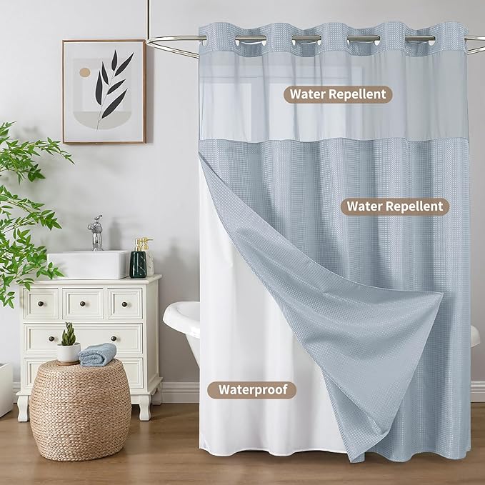 Colorful Star No Hook Shower Curtain with Snap in Fabric Liner, Waffle Weave Heavy Duty Thick Shower Curtains with Mesh Top Window, Hotel Style Waterproof Bathroom Curtain Set, 72 x 75 Inch, Fog Blue