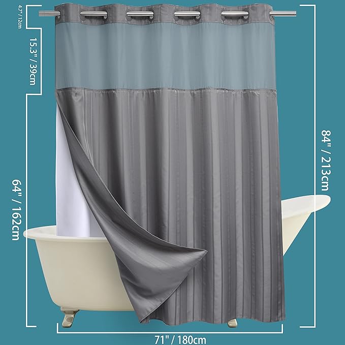 Extra Long No Hook Waffle Weave Shower Curtain with Snap in Liner Set, Hotel Luxury Grey Shower Curtains for Bathroom with See Through Top Window, Waterproof, Washable 71W x 84H Stripe
