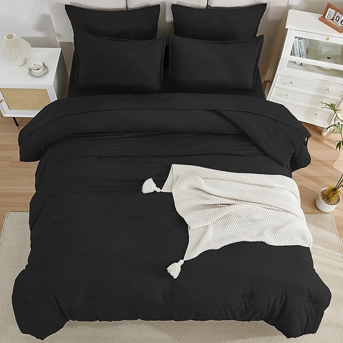 Litanika Comforter California King Size Set Black - 7 Pieces Bed in a Bag California King Bedding Comforter Sets, Plain Lightweight Bed Set with Comforter, Sheets, Pillowcases & Shams