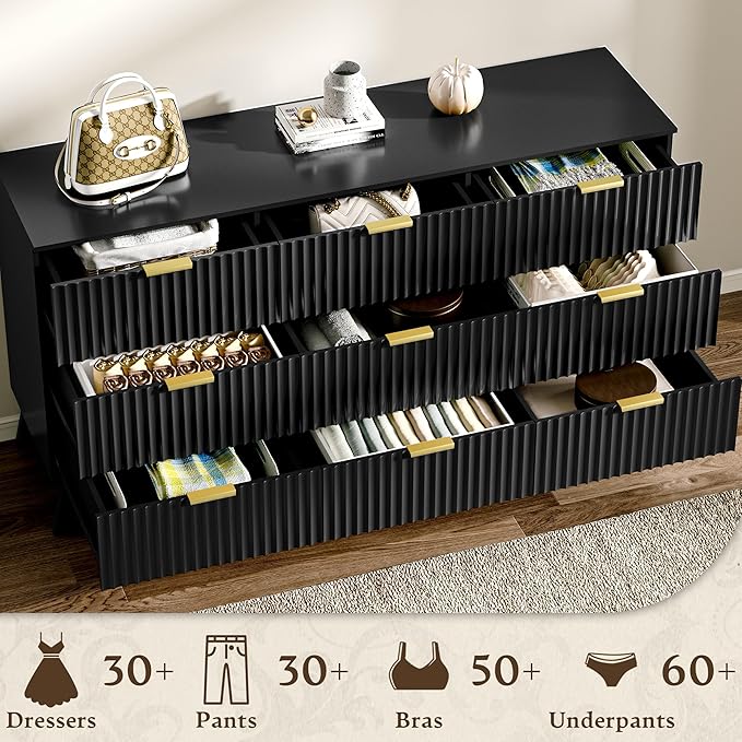 Fluted Dresser for Bedroom with 9 Drawers, 57" Mid Century Modern Dresser of Closet TV Stand, Nature Wood Dressers with Gold Handle, Boho Closet Wide Modern Chest of Drawers, Black
